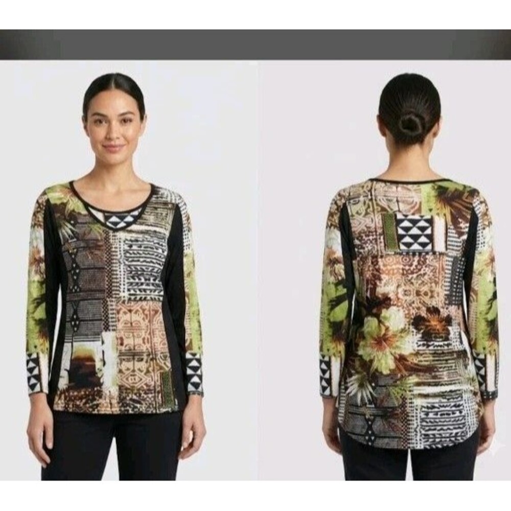 Parsley & Sage Blouse Size PL Arsty Print V Neck 3/4 Sleeve 100% Rayon